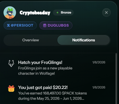 The image features an alert box with information about rewards claimed by a user who recently joined a project. The project has a hashtag called "@wolfswapdotapp" and is named "PACK", which suggests that the user may have received some tokens for their active participation. The reward amount, $2022, is being credited to the user in the alert box. Additionally, there are other notifications displayed related to the project's progress or updates, but they do not seem to be as relevant or prominent as the token claim.