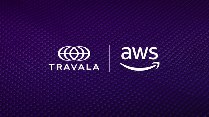 A graphic displaying the white logos of 'TRAVALA' and 'aws' (Amazon Web Services) side-by-side against a dark purple geometric background.
