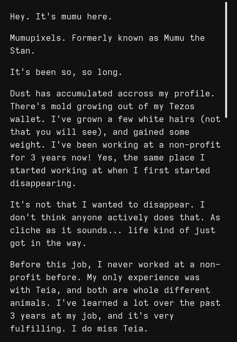 A text post begins 'Hey. It's mumu here.' from 'Mumupixels. Formerly known as Mumu the Stan.' and discusses life changes, mentioning working at a non-profit for 3 years and missing 'Teia'.