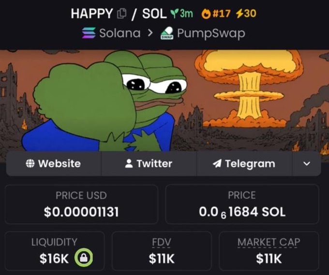 The image features a cartoon frog with a sad expression, sitting next to a bomb. The background of the image shows an explosion or a fire, which adds intensity to the scene. In the bottom right corner of the image, there's a text box that reads "Called in $HAPPY inside my private Telegram group at $11k Mcap". This text box is located near the bottom edge of the image and is surrounded by various other elements such as the frog, the explosion or fire, and the text. The overall theme of the image seems to be related to a gaming or social media platform where users can communicate with each other using Telegram.