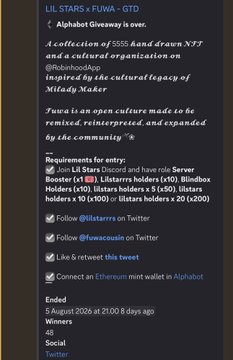 A Twitter/X post by @alistars about a free Alphaloot Giveaway for an NFT collection featuring 5555 hand-drawn items inspired by Milady Maker, with entry requirements listed.