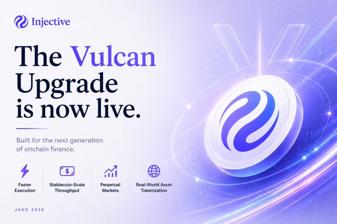 "The Vulcan Upgrade is now live on $INJ chain, which is built for the next generation of onchain finance." The image features a coin-shaped design with a sunburst pattern against a purple background, displaying the text "The Vulcan Upgrade is now live. Built for the next generation of onchain finance: Faster execution Stablecoin-scale throughput Perpetual markets Real-world asset tokenization @injective continues to push the boundaries of what's possible for". The image seems to be related to the post about Injective coin and token, as it showcases a design that can potentially be used for digital coins or tokens.