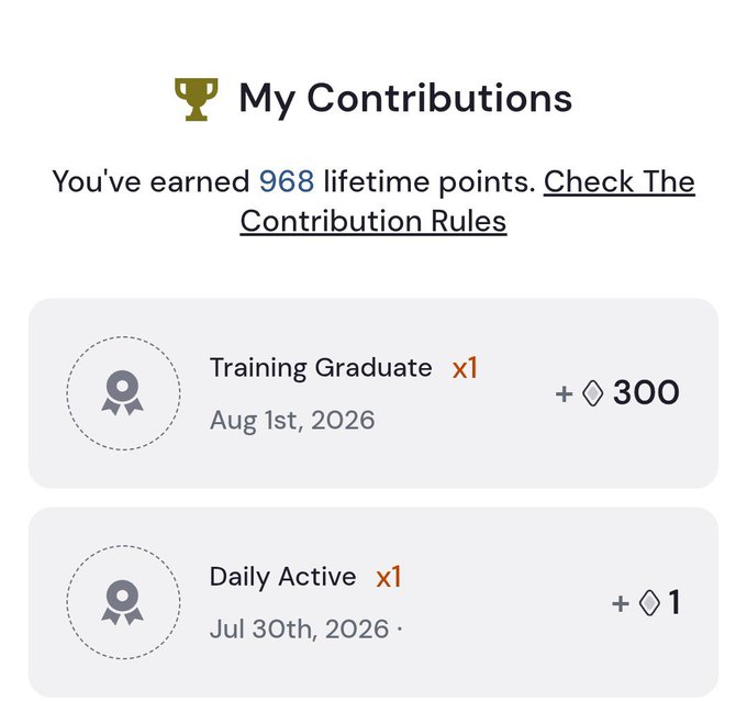 A "My Contributions" page displays 968 lifetime points earned, listing a "Training Graduate" badge worth 300 points dated Aug 1st, 2026, and a "Daily Active" badge worth 1 point from Jul 30th, 2026.