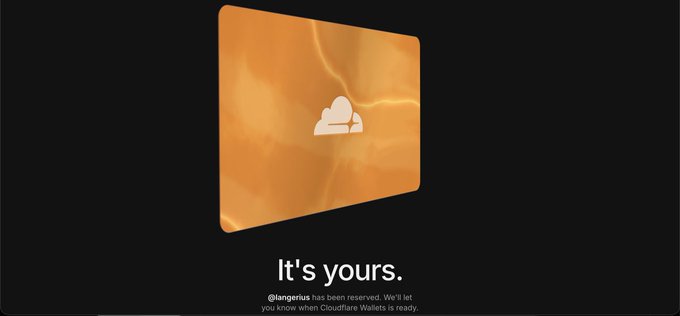 The image shows an orange Cloudflare Wallet card featuring the company's cloud logo alongside the text "It's yours." and a caption from @langerius about reserving Cloudflare Wallets. The warm orange card and ownership message visually reinforce the post's theme about obtaining a personal handle and unlocking agentic wallet functionality within the Cloudflare ecosystem.