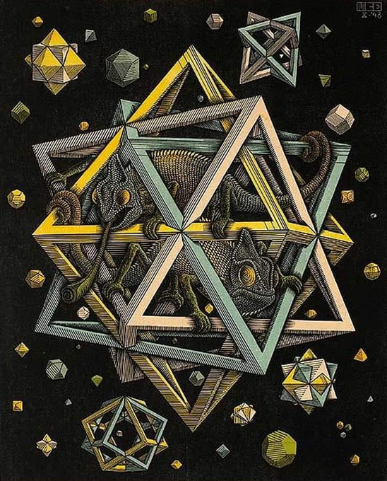 An intricate geometric artwork featuring interlocking triangular star shapes in yellow, green, and silver tones against a black background, with chameleons hidden within the central star design, surrounded by floating polyhedrons.