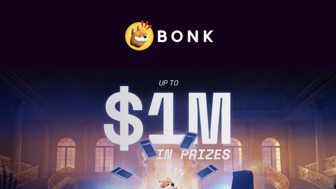 The image promotes "BONK" with the text "UP TO $1M IN PRIZES," aligning with the post's message about a giveaway.