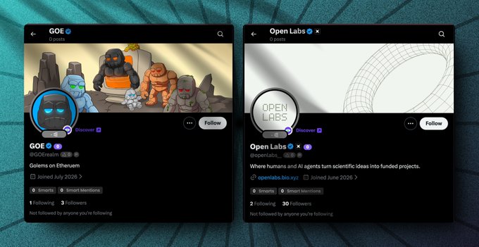 The image shows two social media profile cards on a dark background: "GOE" (@GOErealm), an NFT project with a banner featuring cartoon robots and characters, and "Open Labs" (@openlabs), an AI-focused project with a wireframe logo. The caption relates to the post by highlighting GOE (@GOErealm) as one of the early NFT project alphas not launching on Robinhood.