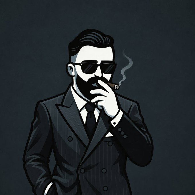 A stylized illustration depicts a bearded man in a black pinstripe suit and sunglasses smoking a cigar against a dark background.
