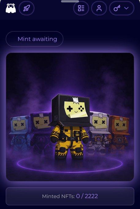 Mobile app screenshot showing 'Mint awaiting' status for an NFT collection featuring cartoon astronaut/blocky characters with 'Minted NFTs: 0 / 2222' displayed at the bottom.