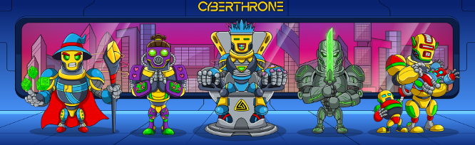 The image showcases the "CYBERTHRONE" banner featuring five colorful, cartoon-style robot NFT characters—including a cape-wearing wizard, a masked fighter, a king on a throne holding a green gem, a green-armored warrior with a sword, and a yellow-armored brawler—representing the diverse, pop-culture-inspired robot traits of the 8,888-piece collection mentioned in the post.
