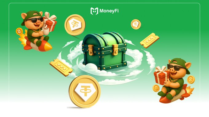 The image features the "MoneyFi" logo above a vibrant scene of a treasure chest surrounded by flying USDT coins, tickets, and gift boxes, with two cartoon pig characters in pilot caps riding rockets and holding presents on either side. The festive, reward-themed illustration ties directly to the post's announcement, visually representing the transition from the USDT APR Boost Campaign into a "Lucky Gacha" prize giveaway as a thank-you to participants.