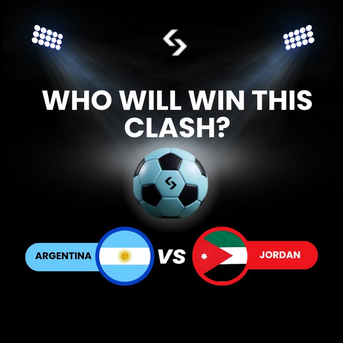 A promotional graphic for a Bitget football prediction contest features a soccer ball under stadium lights with the text "WHO WILL WIN THIS CLASH?" displayed above matchups between Argentina and Jordan, with both countries represented by their respective national flags.