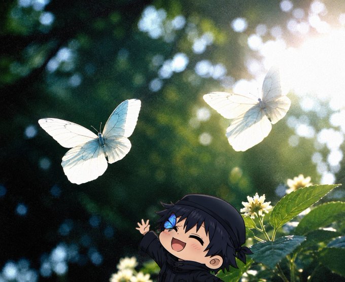 A chibi-style character with black hair and a black hat smiling joyfully, surrounded by white butterflies in a lush, sunlit garden setting.
