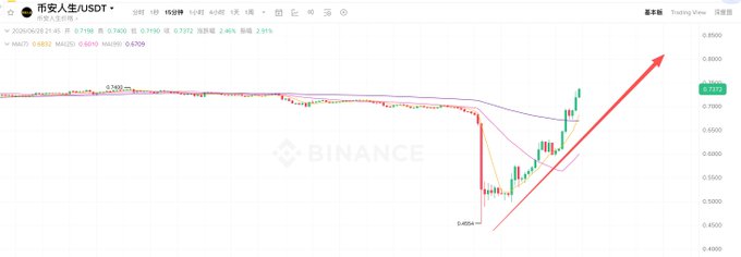 The image shows a Binance Life (币安人生/USDT) hourly price chart depicting a dramatic V-shaped recovery, with the token plunging from approximately 0.7600 down to a low of 0.4554 before sharply rebounding back up past 0.7400, visualized by a large red upward arrow indicating the strong recovery trend. This illustrates the post's point about the extreme volatility and the rapid price recovery from the over 30% plunge, suggesting potential manipulation by large players.