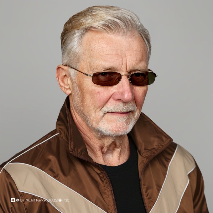 A digital portrait or AI-generated image depicts an elderly man with white hair, a beard, and dark sunglasses, wearing a brown and tan jacket, with a small watermark in the lower left corner.