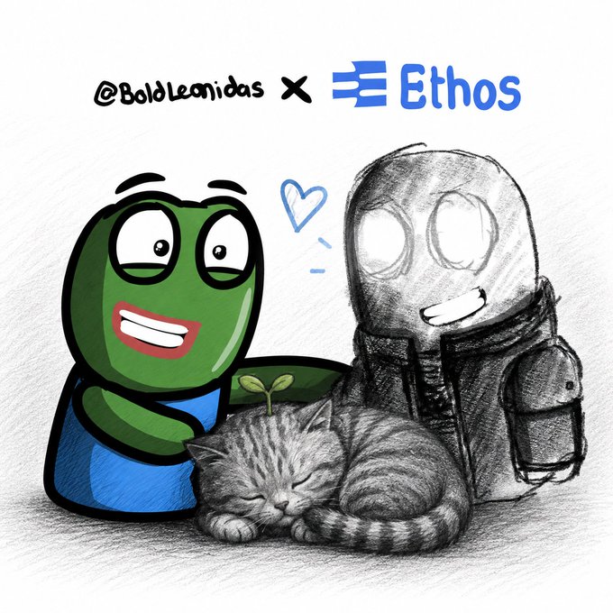 A green cartoon Pepe-style character smiles warmly beside a sketched robot avatar and a sleeping kitten, with a small heart floating between them. The top of the image displays the collaboration text "@BoldLeonidas × Ethos," while the post playfully hints that the cute kitten may bring some "Bold luck" from the @boldpfps collection.