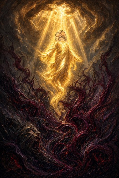A dark fantasy illustration of a glowing golden ghostly figure with a sinister grin radiating light downward into a swirling mass of dark, blood-red thorny tendrils.