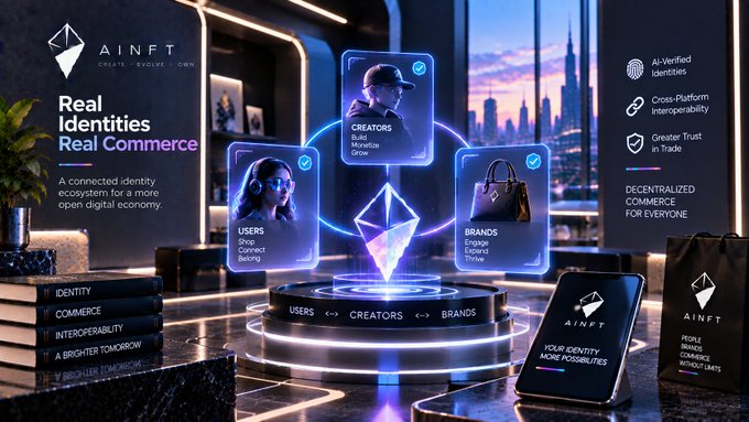 An AINFT promotional graphic displays a glowing crystal diamond connected to users, creators, and brands, with text including "Real Identities Real Commerce," "DECENTRALIZED COMMERCE FOR EVERYONE," and "AINFT."