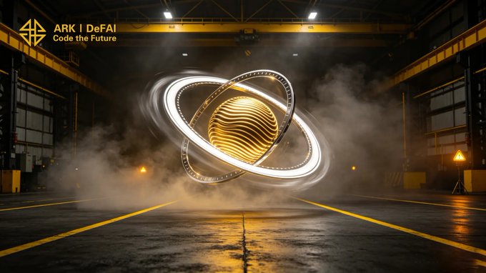 A glowing golden spherical object with rotating rings hovers amidst smoke in a dimly lit industrial warehouse, with the "ARK | DeFAI - Code the Future" logo visible in the upper left. The futuristic, kinetic imagery mirrors the post's message by visualizing the dynamic balance between rapid motion and grounded structure, reflecting how Arkie AI App channels AI-driven speed into sustainable, well-organized Web3 execution.
