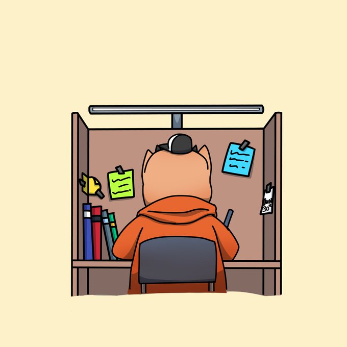 A cartoon illustration of a bear character in an orange hoodie and backwards cap sitting at a desk under a desk lamp, surrounded by sticky notes and books.