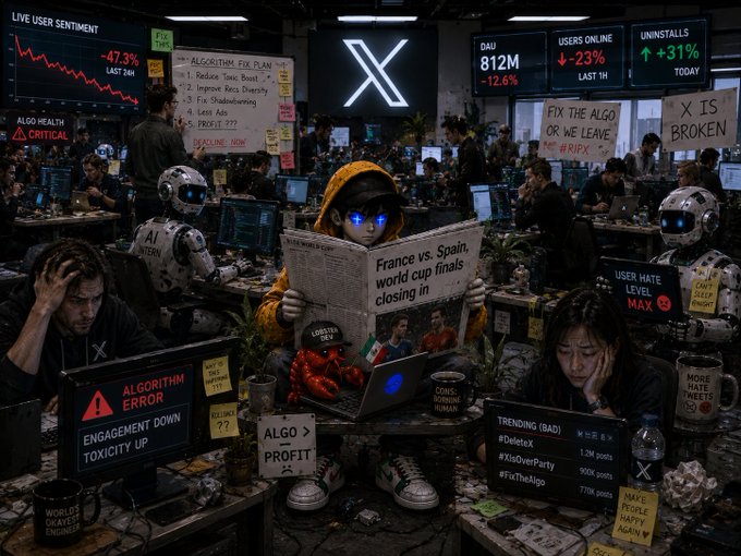 A chaotic dystopian AI-generated office scene at X (Twitter) headquarters showing workers, robots, declining metrics like '-47.3% LAST 24H' and 'DAU 812M -12.6%', with a central hooded figure reading a newspaper headlined 'France vs. Spain world cup finals closing in'.