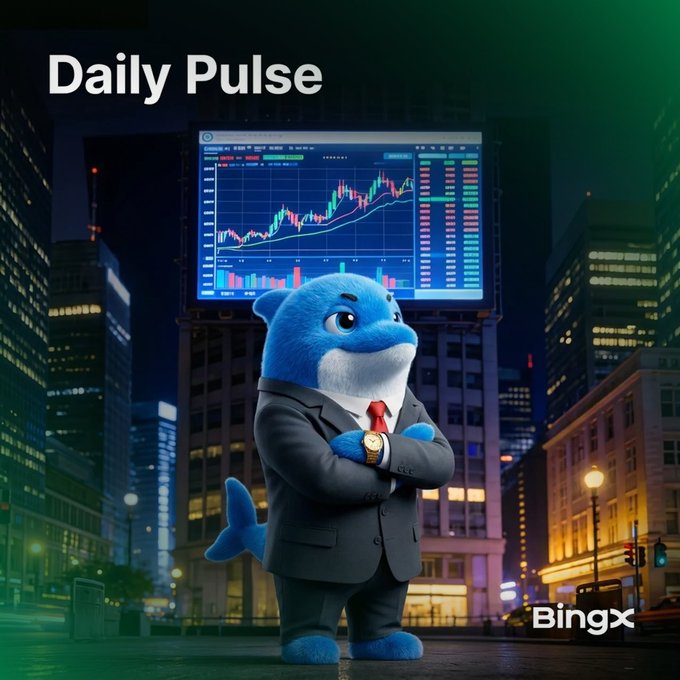 A blue mascot shark in a business suit stands arms-crossed in front of a city billboard displaying candlestick charts, with "Daily Pulse" and "Bingx" branding visible. The image visually represents a financial market summary, complementing the post's overview of Bitcoin sideways movement at $78,000, gains in US stocks (S&P 500 +0.32%, Nasdaq +0.66%), and gold holding near $4,600 as investors await PCE inflation data.