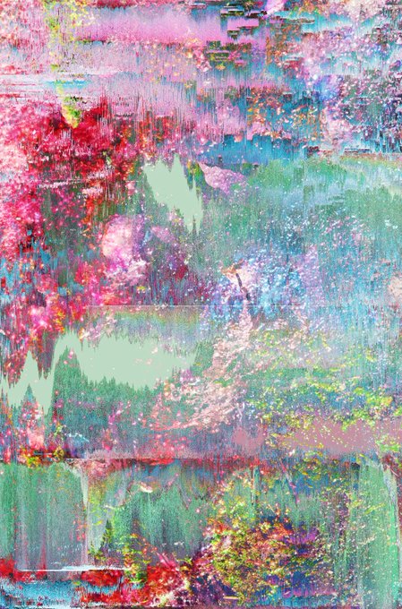 An abstract glitch-art style image with heavy pixelation and distortion, featuring patches of pink, red, green, blue, and yellow colors resembling a corrupted landscape.
