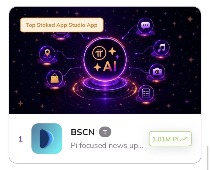 A screenshot showing an app interface with 'Top Staked App Studio App' and 'BSCN - Pi focused news up...' labeled as #1 with '1.01M Pi' displayed against an AI-themed graphic background.