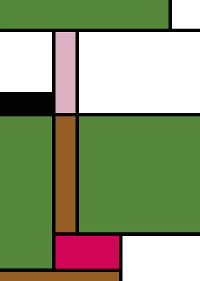 A geometric composition reminiscent of Piet Mondrian's style, featuring rectangular blocks of green, pink, brown, black, and white divided by black lines.