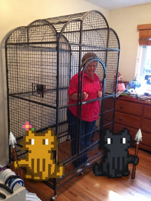 An older woman in a red shirt stands inside a large black wire bird cage, with two pixel-art cat figures (one yellow, one gray) superimposed at the base holding spears.
