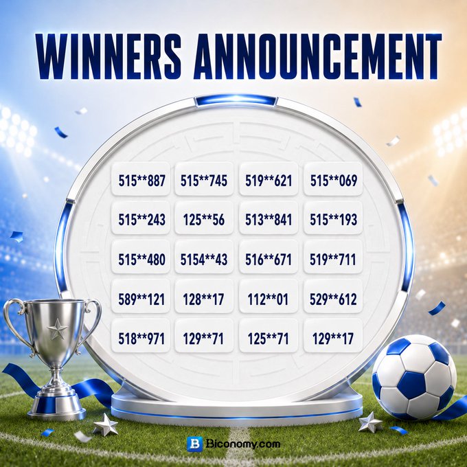 A "Winners Announcement" graphic displays a circular maze board containing 20 masked winning ticket numbers (such as 515**887, 515**745, and 519**621), flanked by a silver trophy and a soccer ball on a stadium field, with the Biconomy.com logo at the bottom—visually celebrating the lucky winners of the Biconomy Maze Challenge.