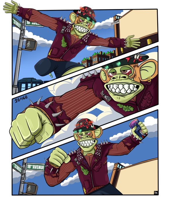 A comic book style illustration of a green-skinned, grinning humanoid character wearing a spiked jacket and cap, shown in three action panels.