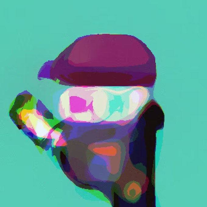 A vibrant, stylized digital painting of a figure wearing a purple cap and white goggles in pink and purple tones against a bright teal background.