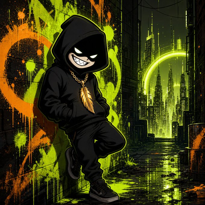 A stylized, cartoonish character wearing a black hoodie and a gold feather necklace stands against a neon-green cyberpunk cityscape, symbolizing a forward-looking "next generation." The imagery of a gritty, high-tech urban environment visually aligns with the post's theme of building the future.