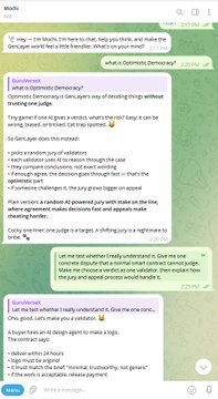 The image displays a screenshot of a Telegram chat interface titled "Mochi," featuring a dialogue where a user interacts with an Optimistic Democracy bot to resolve a dispute over the Geiger counter logo design. The bot presents three options—accept the ruling, demand a refund, or escalate to a jury appeal—while explaining concepts like "Optimistic Democracy," "genVM," and payment mechanics. This illustrates the automated dispute resolution process referenced in the accompanying post about Mochi handling a logo click dispute through validators, a majority outcome, and potential jury appeal on GenLayer.