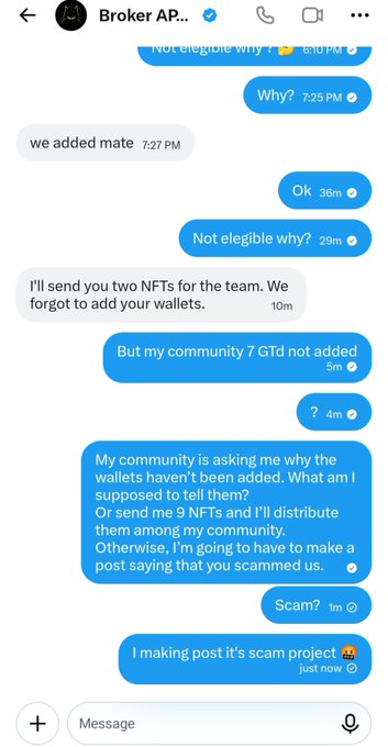 A Facebook Messenger conversation between a user and "Broker AP..." shows a dispute over NFT whitelist eligibility, with the user complaining that none of their guaranteed (GTD) spots—7 for their community and 2 for their team—were added to wallets, threatening to expose the project as a scam. The accompanying post aligns with this exchange, calling out @Bappfun for the same issue and warning others that the project appears to be a rug pull.
