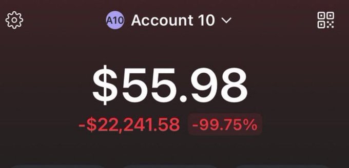 The image shows a trading account labeled "Account 10" displaying a balance of $55.98, with a loss of -$22,241.58 (-99.75%) shown in red, illustrating a devastating start to the "$25k to $1M" trading challenge.
