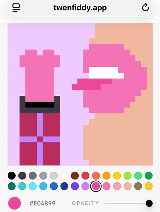 A mobile screenshot of the pixel art drawing app 'twenfiddy.app', showing a partially completed pink and red pixel art character with a color palette at the bottom.