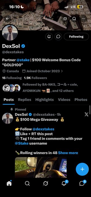 A Twitter/X profile page for DexSol (@dexstakes), a Stake partner promoting a '$100 Welcome Bonus Code GOLD100' and a '$100 Mega Giveaway' to followers.