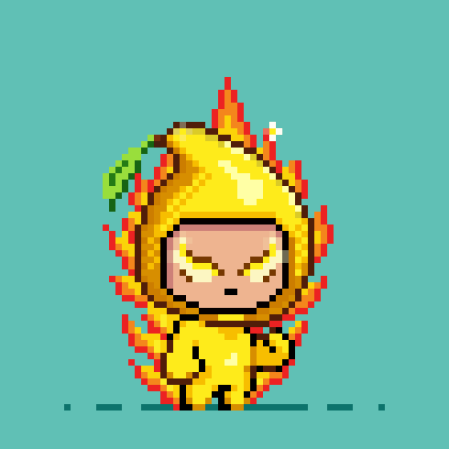 Pixel art of a chibi character in a yellow hooded outfit surrounded by flames, with glowing yellow eyes set against a teal background.