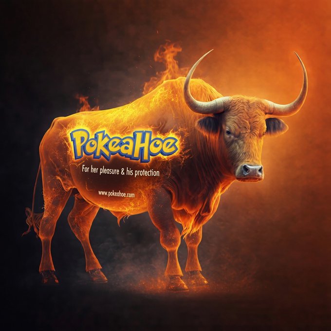 A digitally rendered, fiery orange bull stands against a dark background with the logo 'PokeaHoe - For her pleasure & his protection' and 'www.pokeahoe.com' on its side.