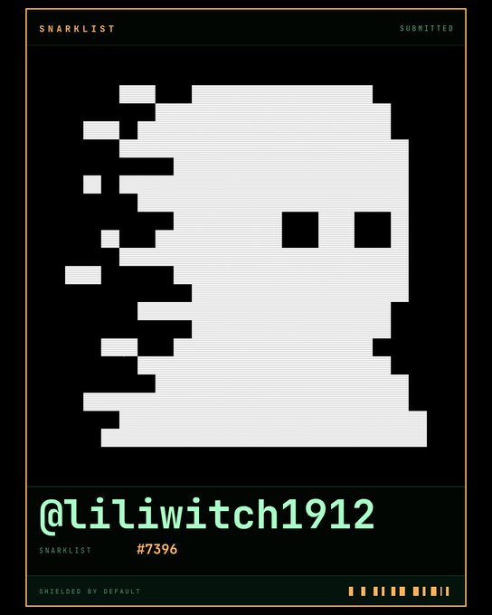 A pixel-art style 'SNARKLIST' submission card displaying a black and white abstract face design, credited to '@liliwitch1912' as entry '#396' and marked 'SHIELDED BY DEFAULT'.