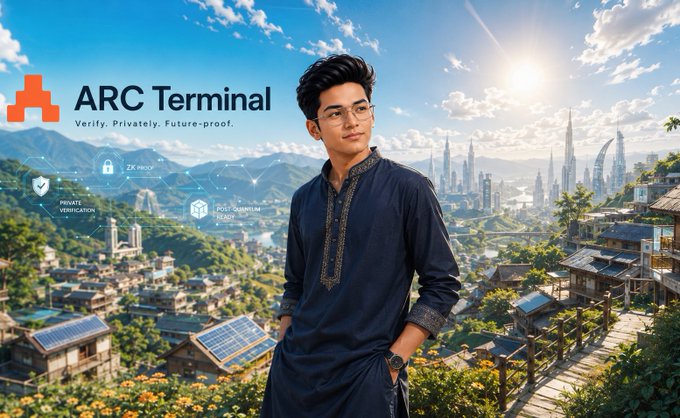 A promotional graphic for 'ARC Terminal' with the tagline 'Verify. Privately. Future-proof.' showing a young man in a black kurta standing before a landscape blending solar-paneled villages with futuristic skyscrapers.