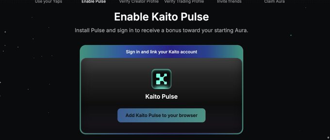 Dark-themed webpage titled "Enable Kaito Pulse" with instructions to install Pulse and sign in for a bonus toward starting Aura, featuring a teal "Add Kaito Pulse to your browser" button.