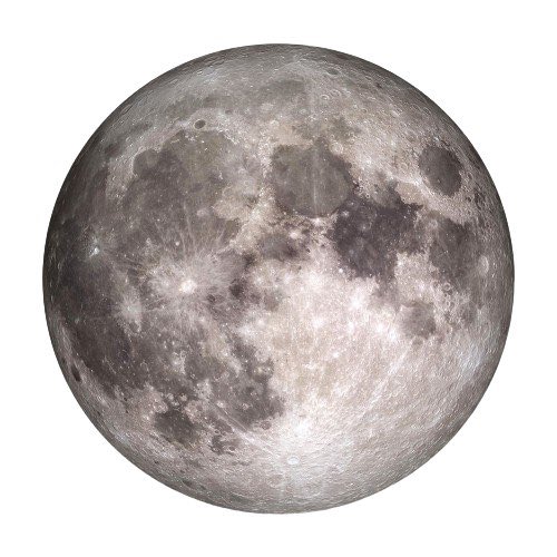 A detailed image of the full moon showing its craters and gray surface against a white background.