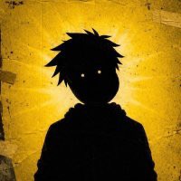 A dark, stylized silhouette of an anime-style character with glowing eyes against a yellow background with radial lines.
