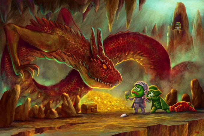 A fantasy digital painting depicting a large red dragon in a cave confronting two small knight characters in armor, with treasure, a chest, and another figure visible in the background.