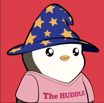 The image features a cartoon penguin wearing a wizard hat, standing against a red background with white stars. The text "The Huddle" is written below the penguin's head. The post suggests that when Ethanol is down, one should engage in activities such as playing video games or watching movies to pass the time. It also mentions the popular game "Pudgy Penguins", which could be a reference to the cartoon penguin depicted in the image.