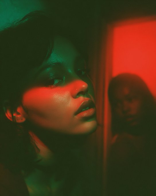 A moody, cinematic portrait uses dramatic red and green lighting to illuminate a young woman's face in profile, with her reflection faintly visible in a mirror behind her.