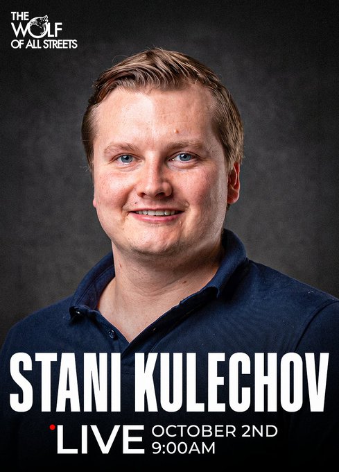 The image is a promotional graphic for a live stream featuring Stani Kulechov on "The Wolf of All Streets" channel, scheduled for October 2nd at 9:00 AM. It relates to the accompanying post by showcasing Kulechov's portrait and the event details for his live discussion about Bitcoin breaking $86K and the disappearance of a major sell wall.